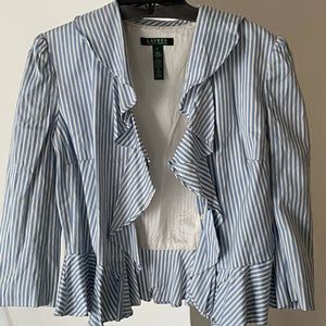 3/4 sleeve white and blue striped ruffled jacket/blazer
